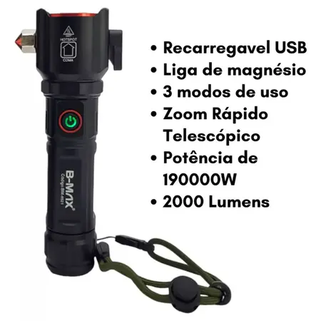 Lanterna De Led Tática com Quebra Vidro B-Max Bm-8521 - Imagem 3