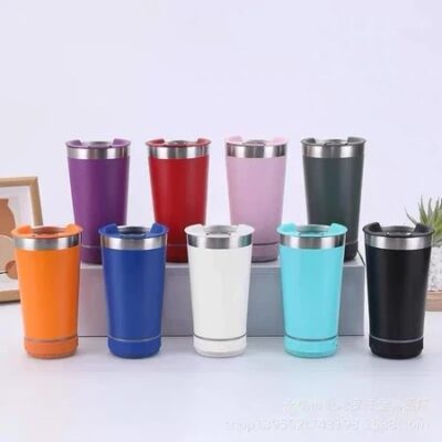 Copo Térmico Inox com Caixa de Som Bluetooth, LED, Tampa e Abridor 420ml