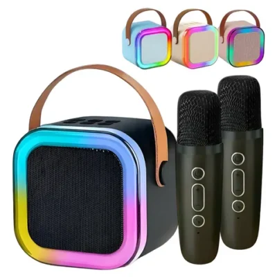 Caixinha Som Karaokê 2 Microfones Bluetooth Infantil Adulto Cor Preto 127 220v